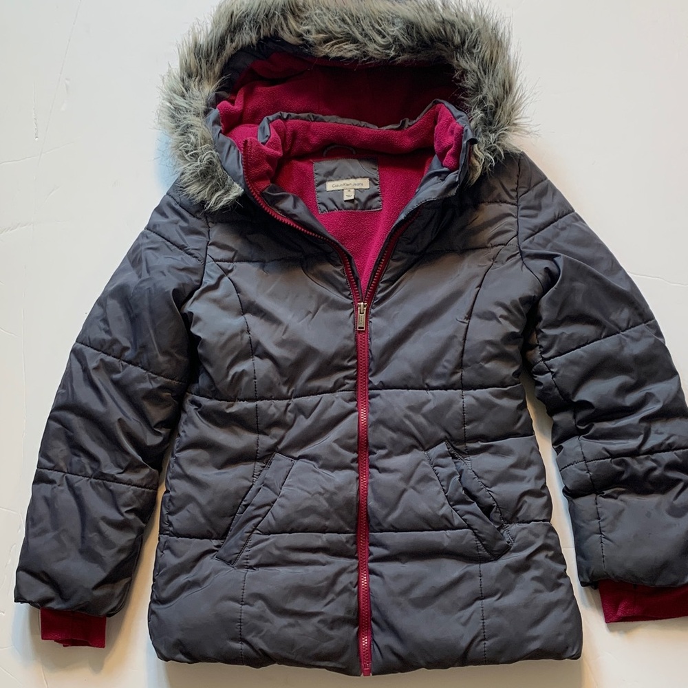 Calvin Klein Jeans, girls size 14, Gray and fuchsia, Hooded Jacket